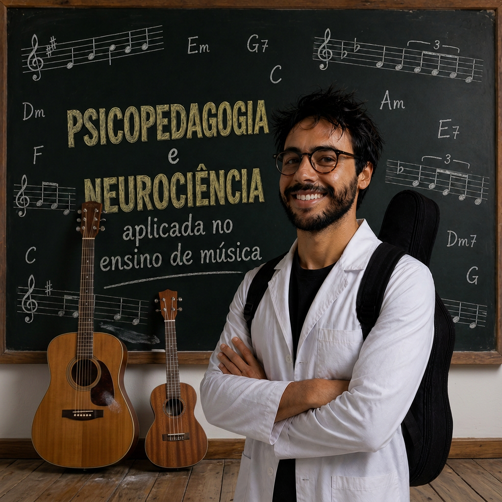 Professor sorrindo diante de quadro negro sobre psicopedagogia e neurociência, com violão e ukulele ao lado